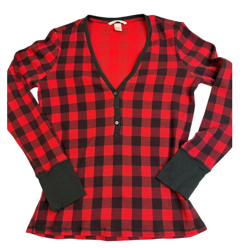 Victoria's Secret Buffalo Plaid Thermal Henley Red Black Medium